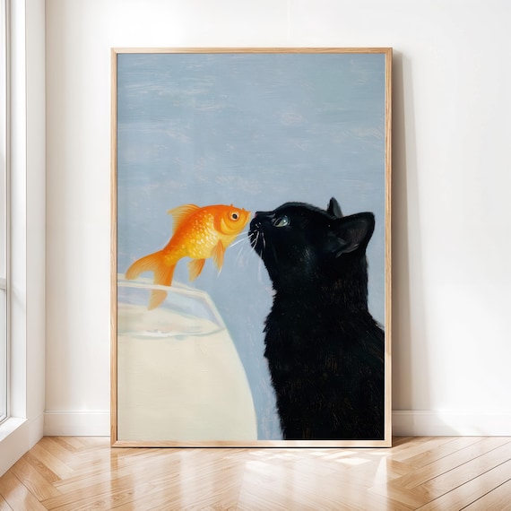 Black Cat Nose To Nose With Goldfish Cute Surreal Blue Background Cat Lover Art Poster