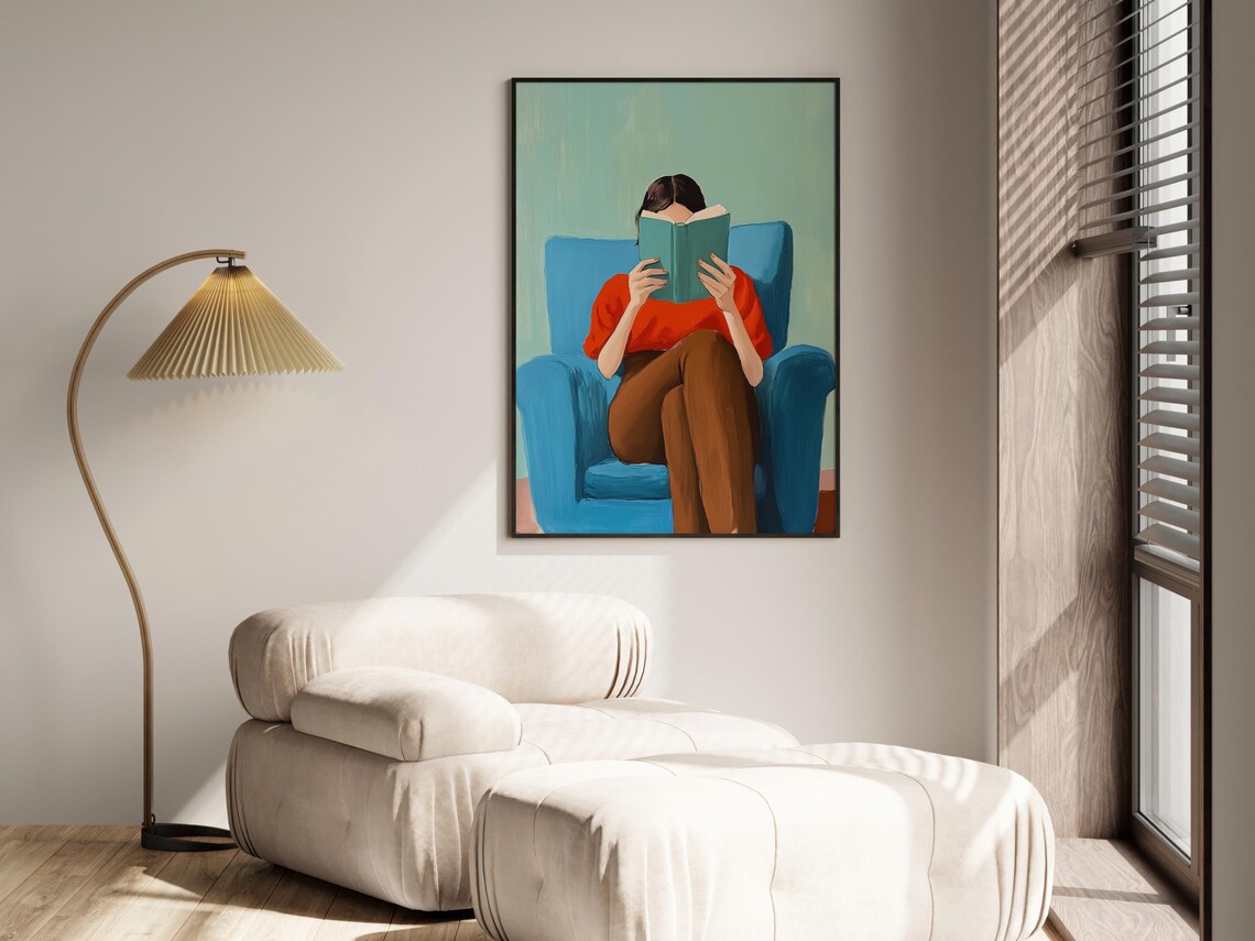 Woman Reading Book in Blue Armchair Cozy Red Sweater Art Poster - Image 4