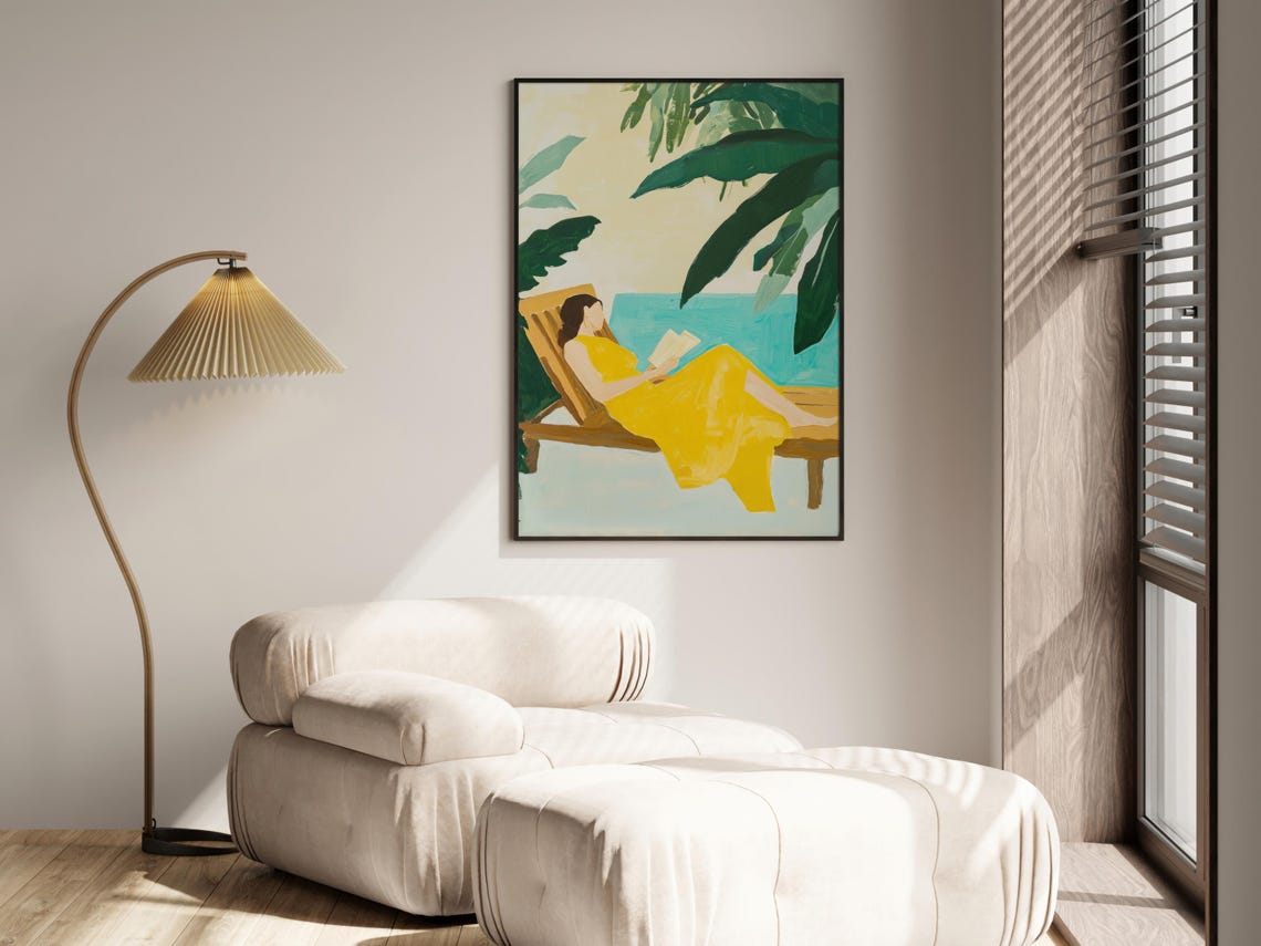 Tropical Beach Art Relaxing Woman Print Summer Abstract Wall Art Coastal Boho Decor Palm Tree Painting Yellow Green Print Ocean Poster - Image 2