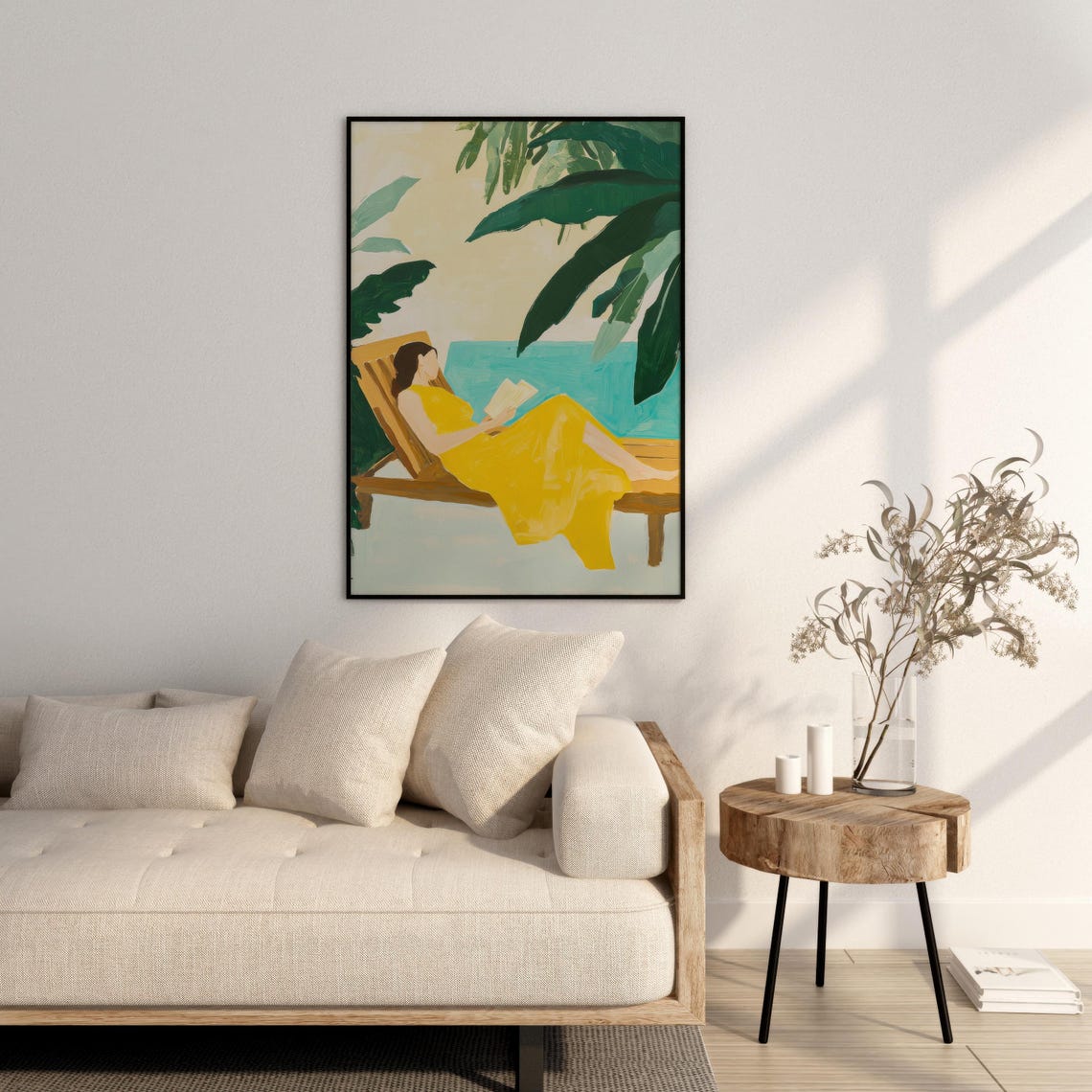Tropical Beach Art Relaxing Woman Print Summer Abstract Wall Art Coastal Boho Decor Palm Tree Painting Yellow Green Print Ocean Poster - Image 3