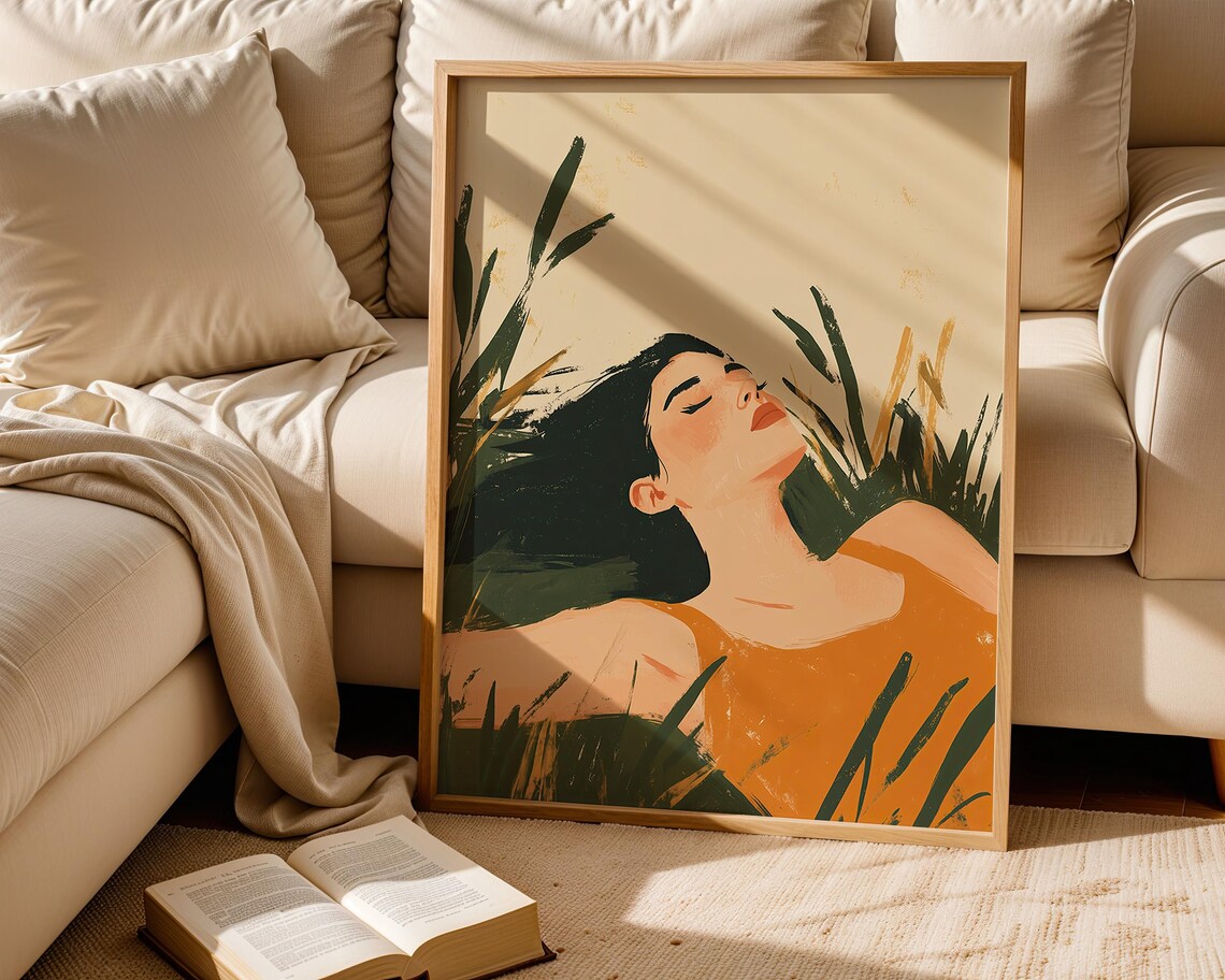 Abstract People Large Wall Art Sunlit Relaxation Orange Woman Minimalist Print Elegant For Contemporary Home Decor - Image 5
