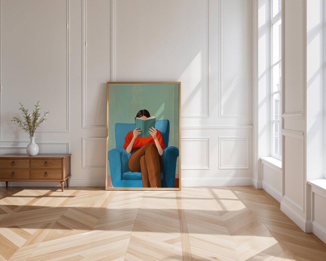 Woman Reading Book in Blue Armchair Cozy Red Sweater Art Poster - Image 3