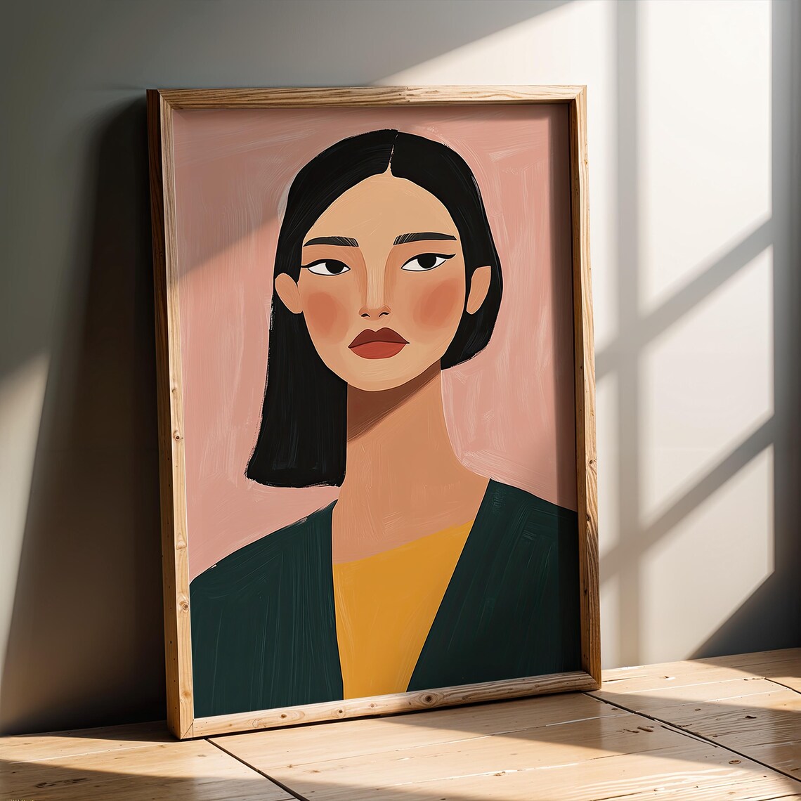 Modern Woman Portrait Pink Background Green Cardigan Bold Flat Illustration Art Poster - Image 6