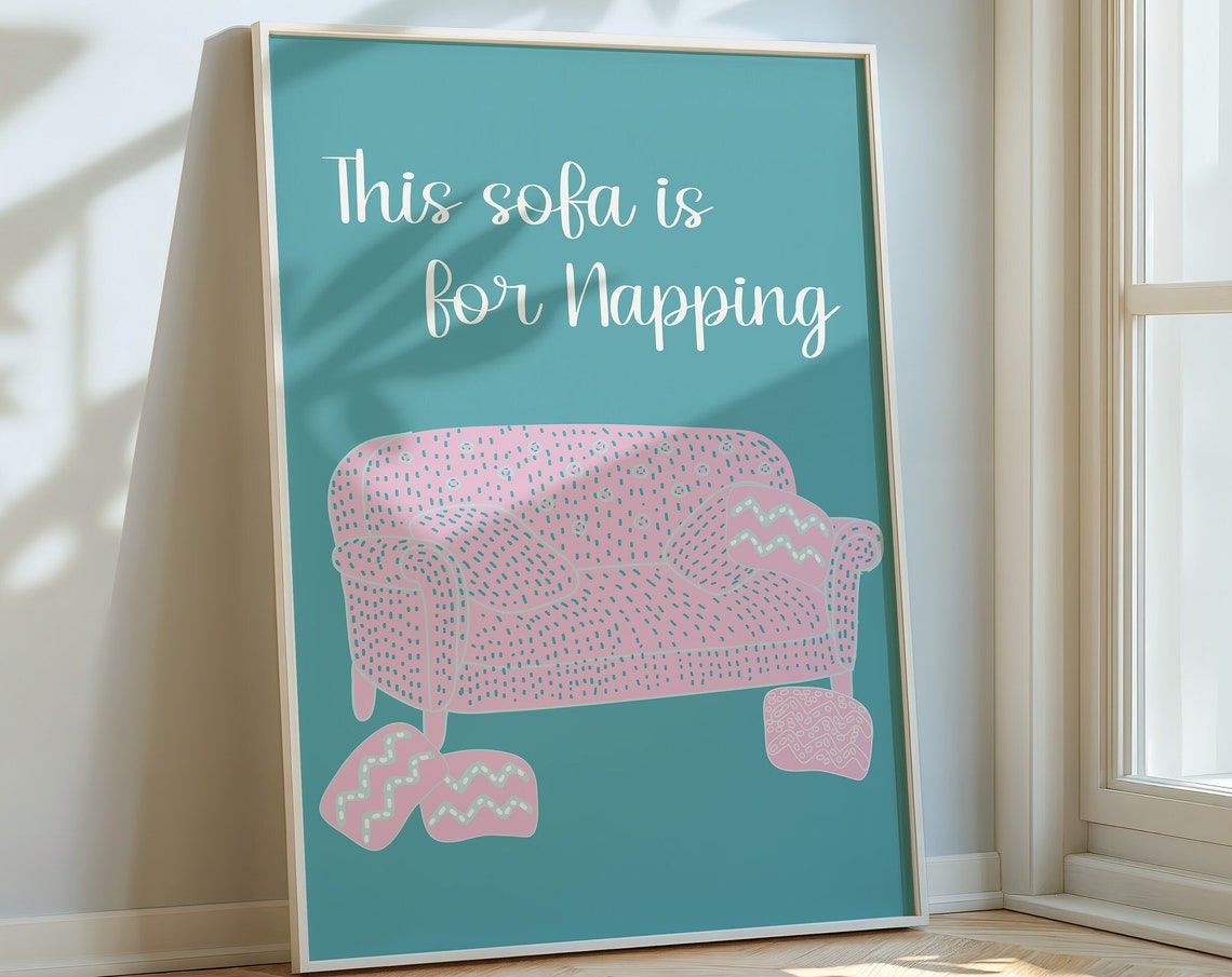 This Sofa Is For Napping Pink Teal Cozy Illustrated Sofa Wall Art