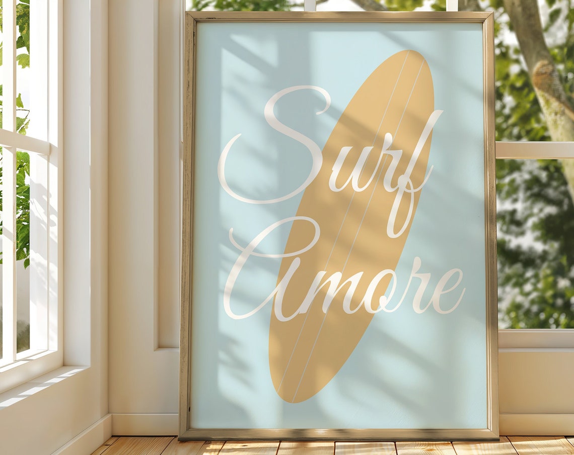 Surf Amore White Script Tan Surfboard on Coastal Blue Poster