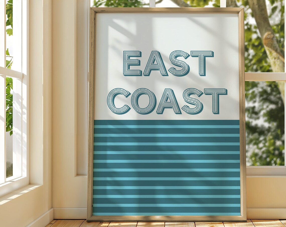 East Coast Navy Blue Stripes Modern Minimal Coastal Quote Poster