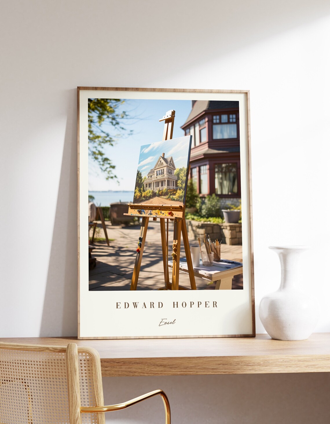 Edward Hopper Style Easel Painting Seaside House Patio Art Scene Poster
