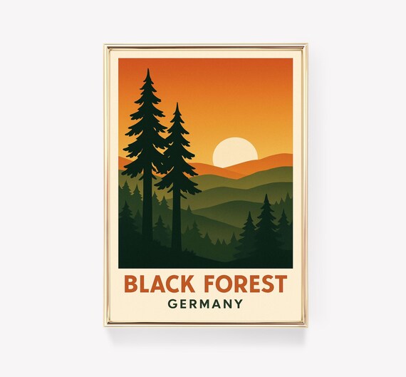Black Forest Germany Pine Silhouette Sunset Retro Travel Poster