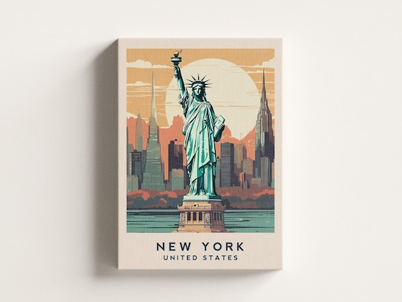 New York Statue of Liberty Skyline Retro Canvas Travel Poster