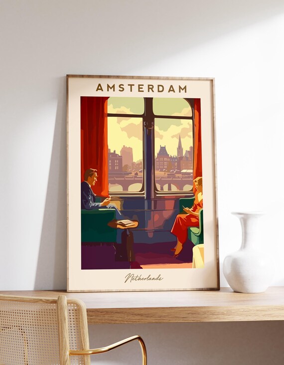 Amsterdam Netherlands Vintage Canal Cafe Window View Travel Poster
