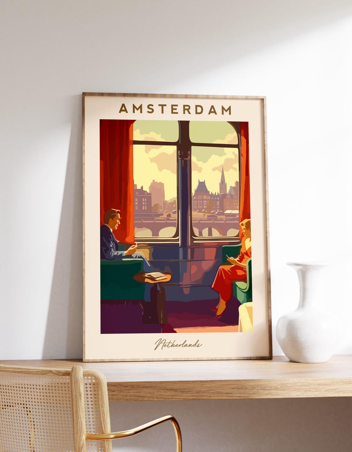 Amsterdam Netherlands Vintage Canal Cafe Window View Travel Poster
