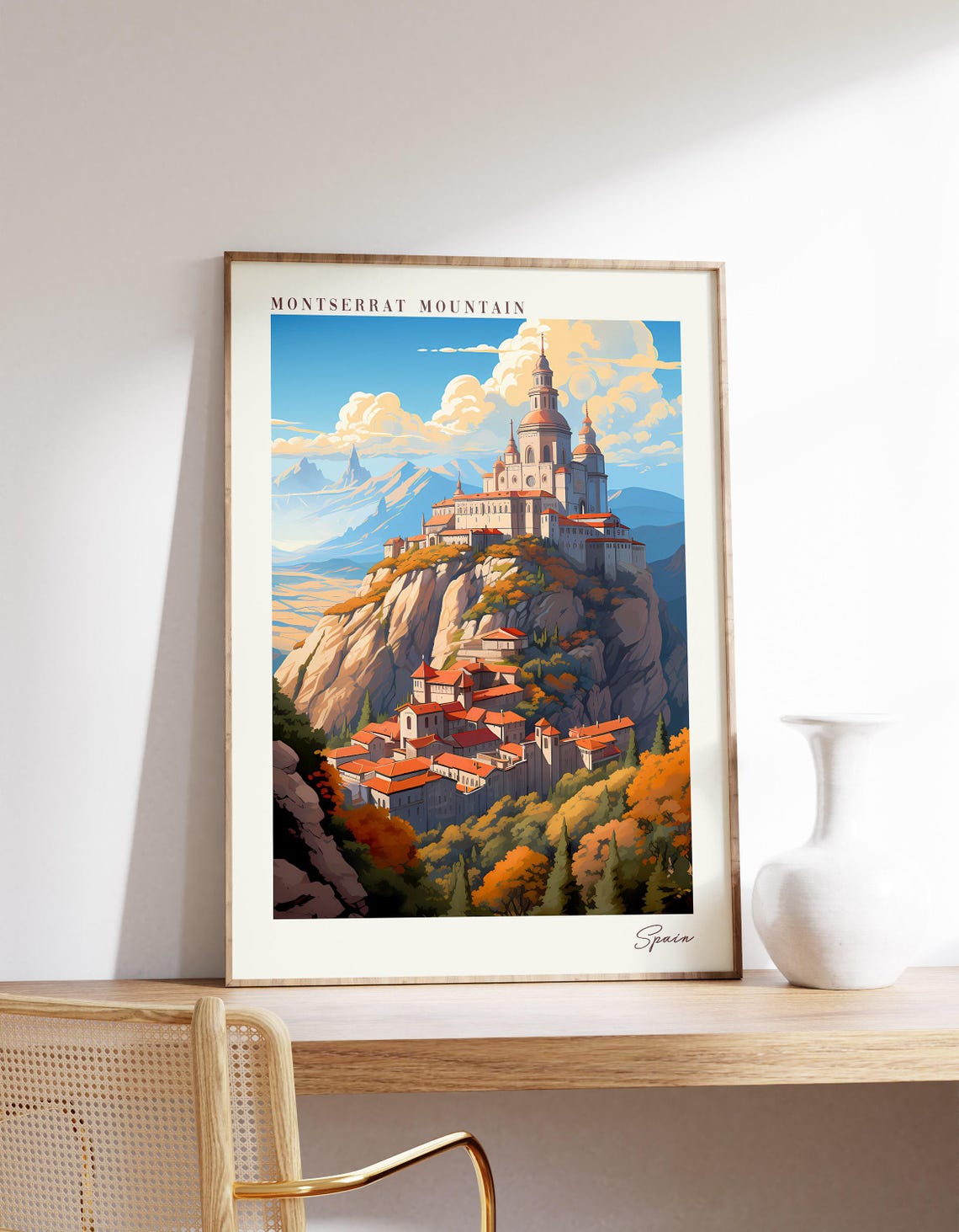 Montserrat Mountain Spain Monastery Cliff Vintage Travel Poster