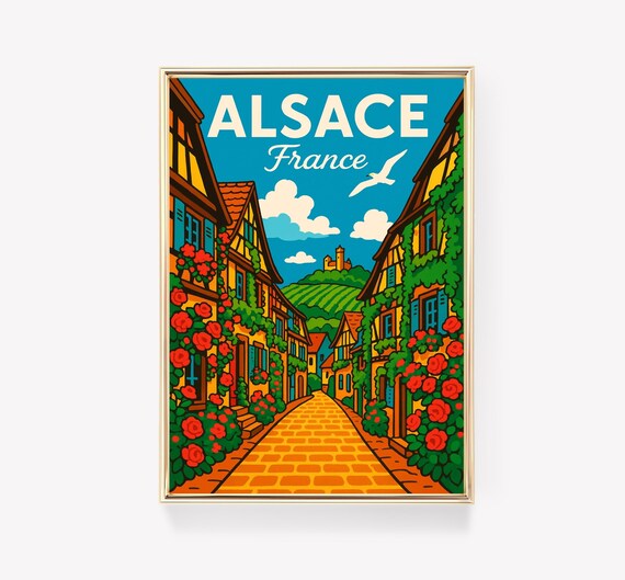 Alsace France Vintage Travel Poster Half Timbered Village Roses