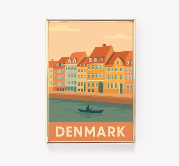 Denmark Colorful Harbor Houses Kayak Sunset Vintage Travel Poster