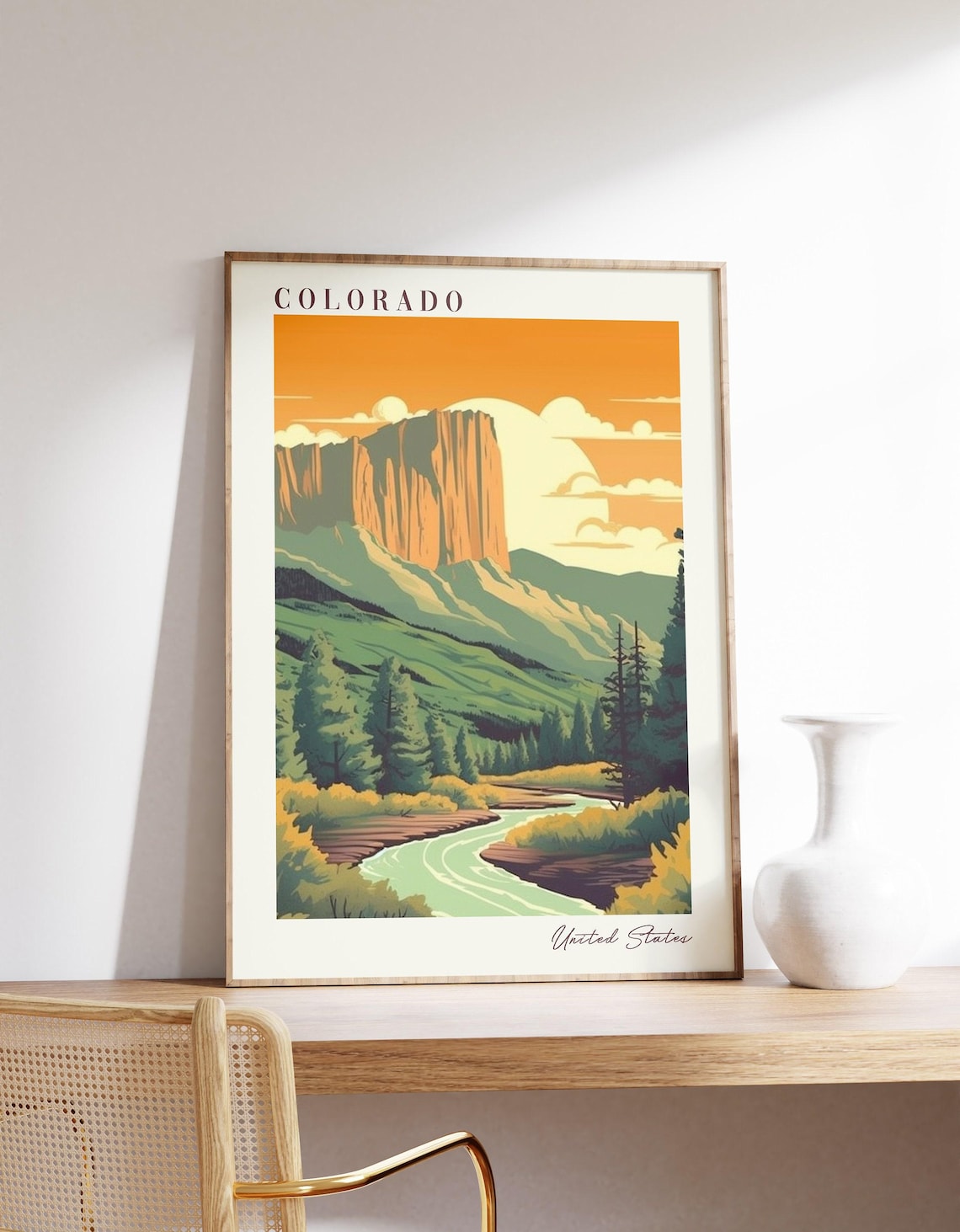 Colorado United States Mountain Mesa River Valley Sunset Travel Poster