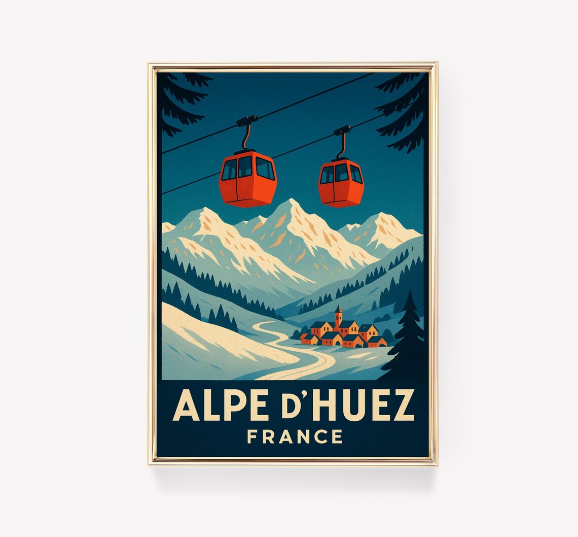 Alpe dHuez France Vintage Ski Cable Cars Alpine Mountain Poster