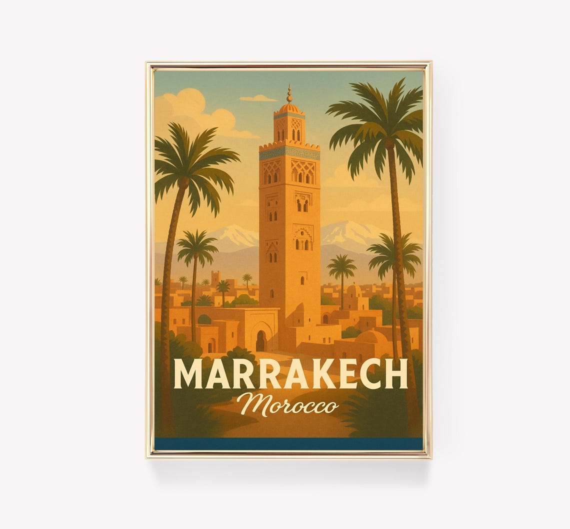 Marrakech Morocco Vintage Travel Poster Koutoubia Mosque Art