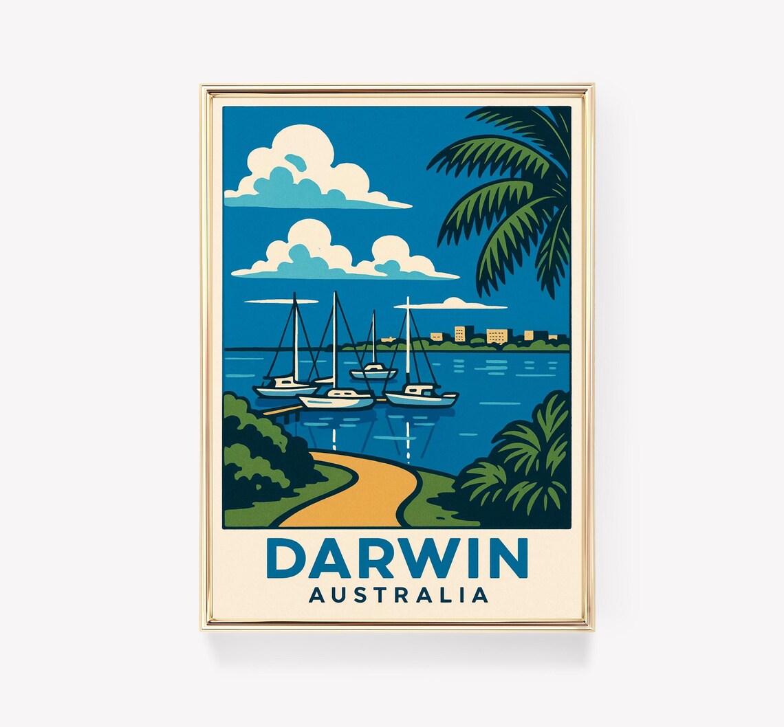 Darwin Australia Vintage Travel Poster Harbor Sailboats Palm Art