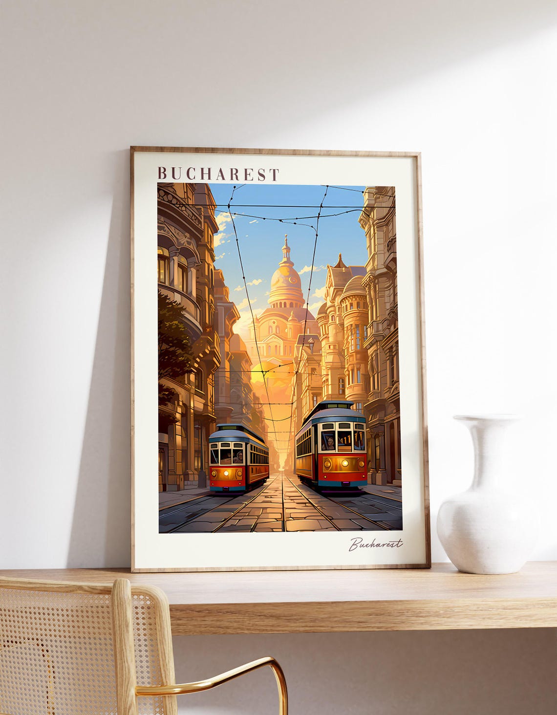 Bucharest Romania Vintage Tram Street Sunset Travel Art Poster