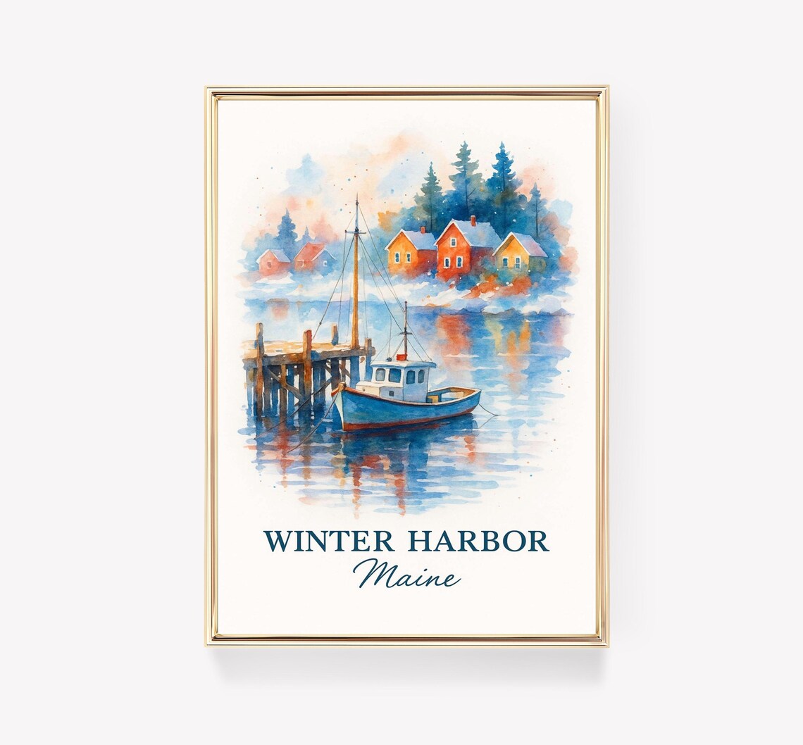 Winter Harbor Maine Fishing Boat Watercolor Coastal Travel Poster