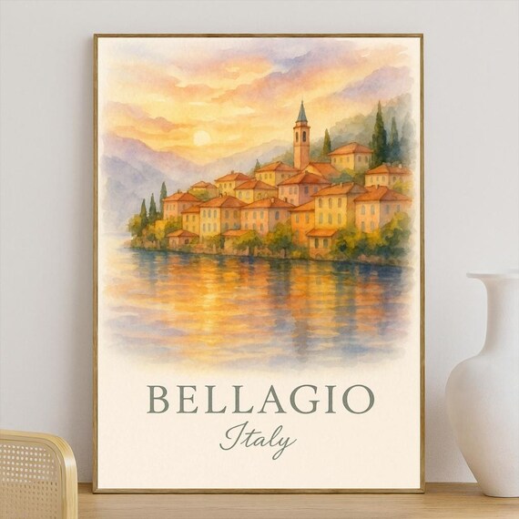 Bellagio Italy Sunset Watercolor Lakeside Village Travel Poster