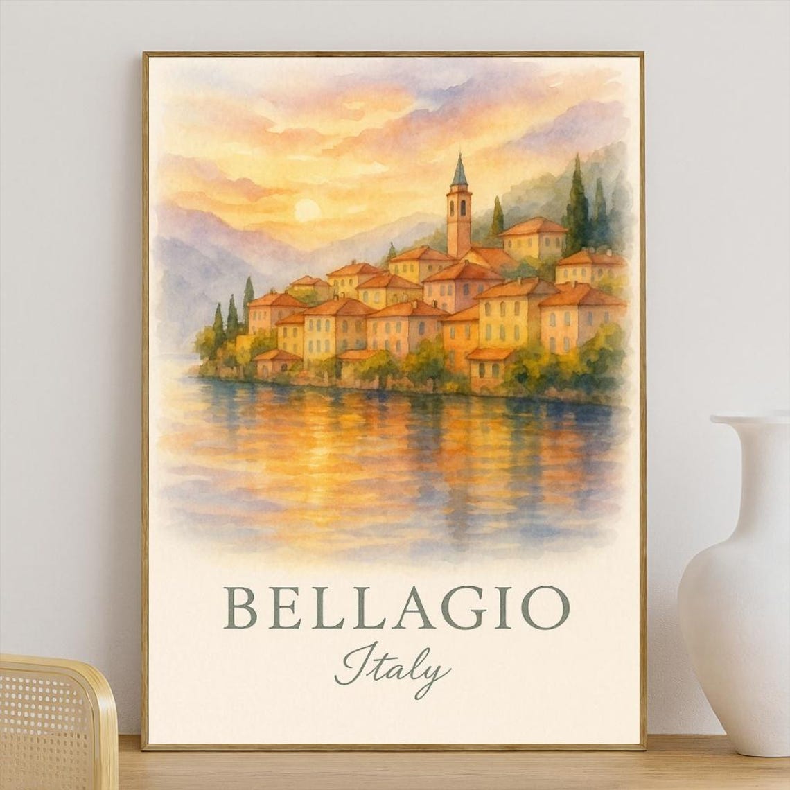 Bellagio Italy Sunset Watercolor Lakeside Village Travel Poster