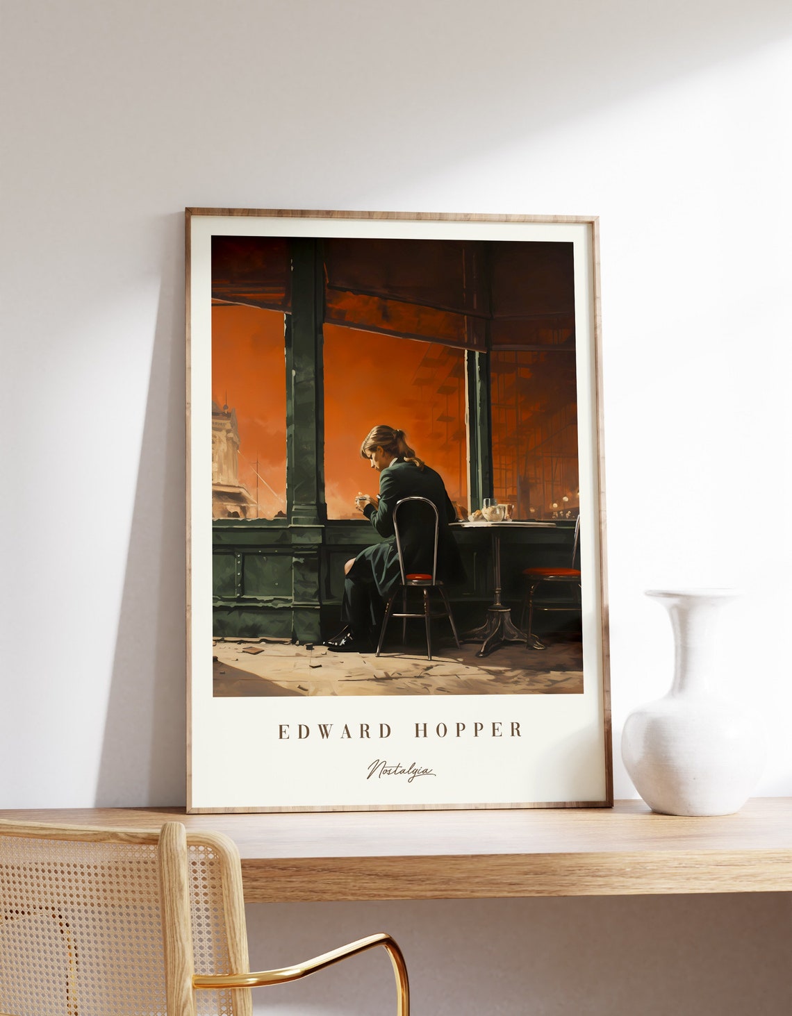 Edward Hopper Nostalgia Woman Cafe Window Rust Orange Sky Art Poster
