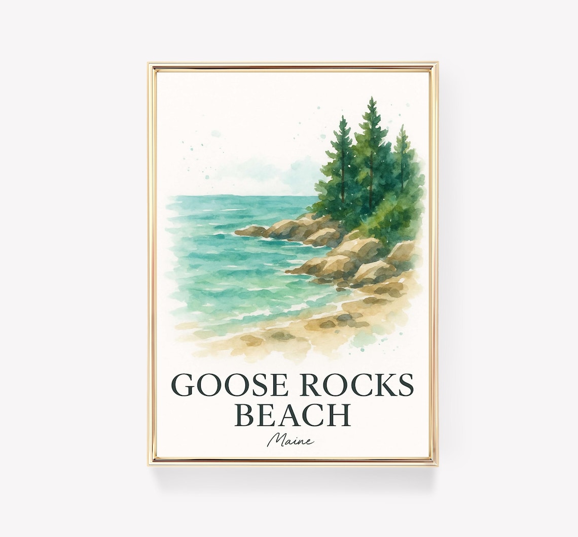 Goose Rocks Beach Maine Watercolor Coastal Scenic Travel Poster