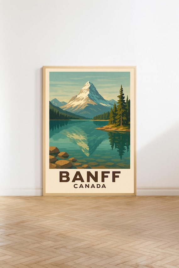 Banff Canada Mountain Lake Reflection Vintage Scenic Travel Poster