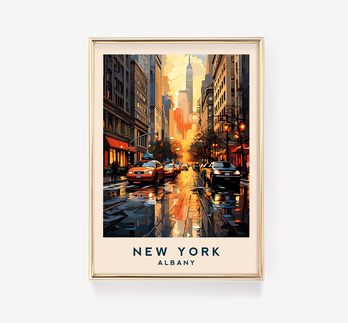 New York Albany Rainy City Street Taxis Sunset Vintage Travel Poster