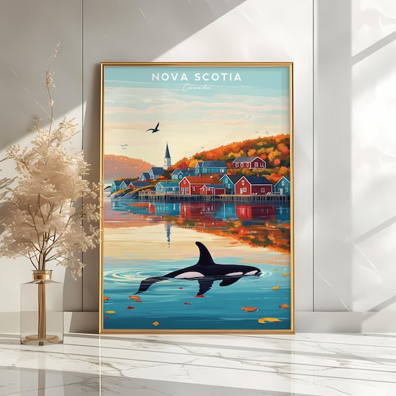 Nova Scotia Canada Fishing Village Orca Whale Autumn Harbor Poster