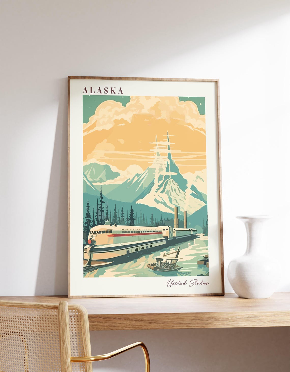 Alaska United States Snowy Mountain Cruise Ship Retro Poster