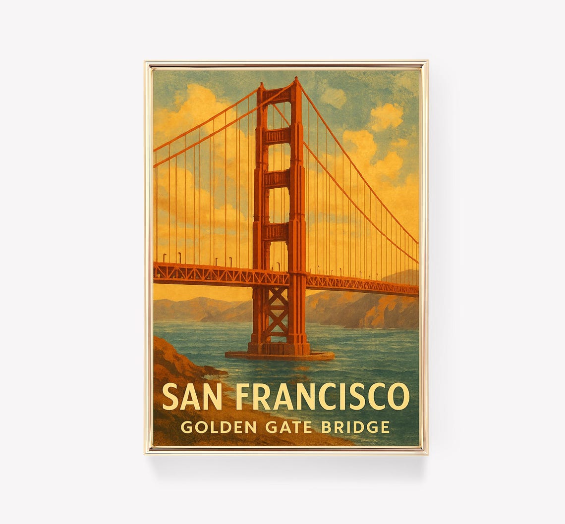 San Francisco Golden Gate Bridge Vintage Travel Poster Sunset