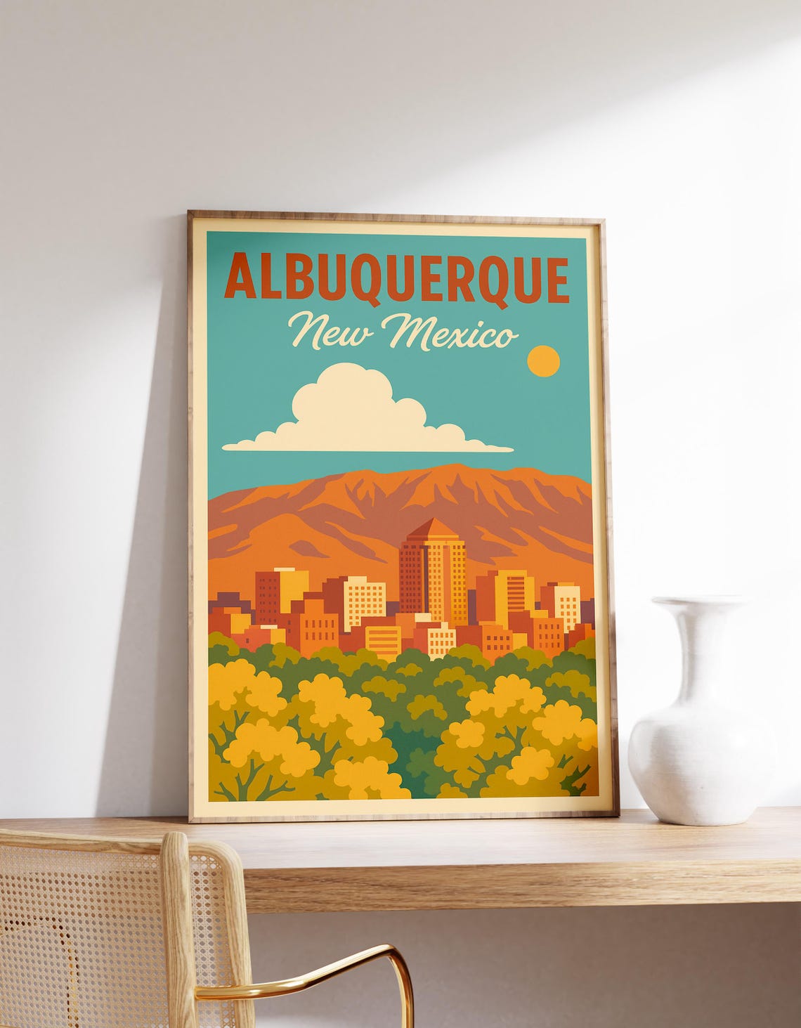 Albuquerque New Mexico Skyline Sandia Mountains Vintage Poster