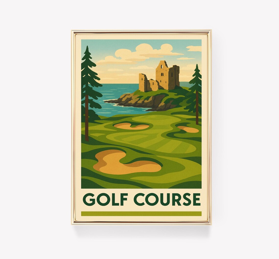 Coastal Golf Course Castle Ruin Fairway Vintage Seaside Sports Poster