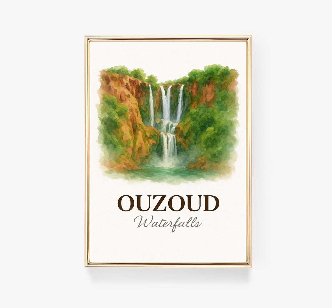 Ouzoud Vintage Travel Poster, Morocco Waterfall
