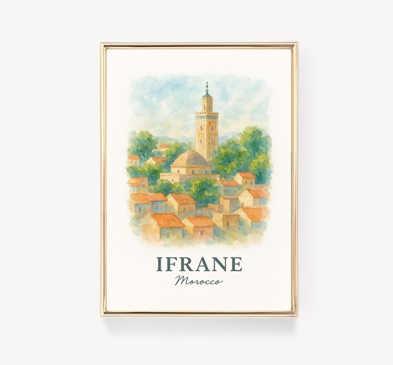 Ifrane Morocco Mosque Minaret Town Watercolor Travel Art Poster