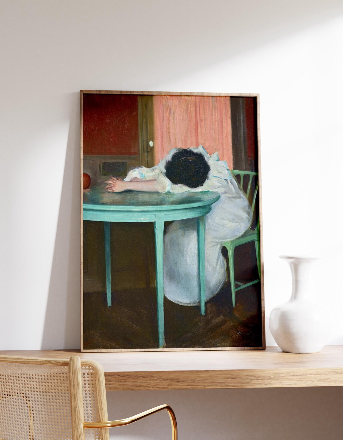Tired Woman Resting Moody Vintage Oil Painting Portrait Poster