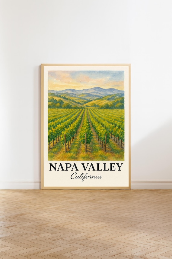 Napa Valley California Vineyard Rows Watercolor Wine Country Poster