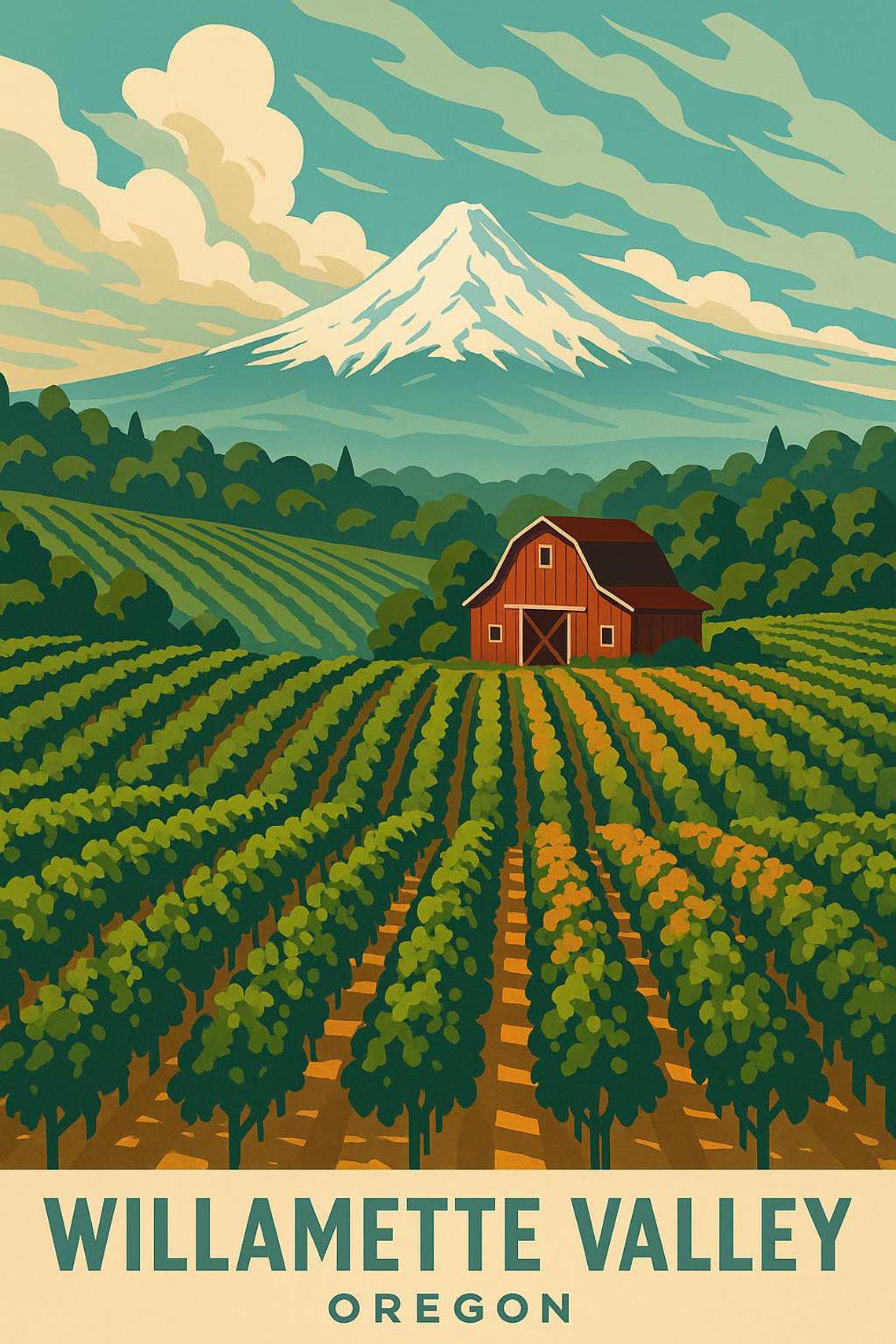 Willamette Valley Oregon Vintage Travel Poster Vineyard Barn Mountains
