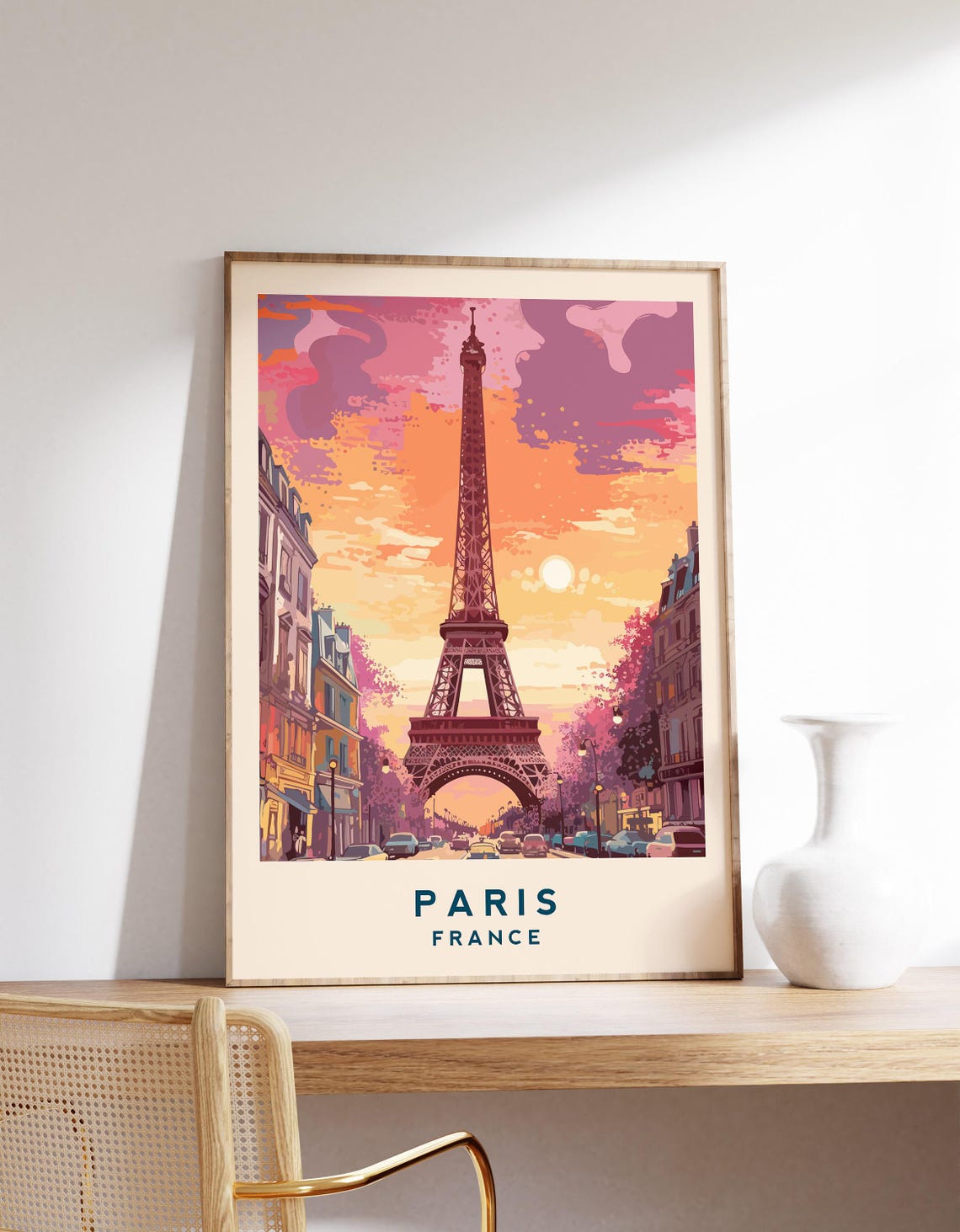 Paris Eiffel Tower Sunset Pink Sky Haussmann Street France Poster