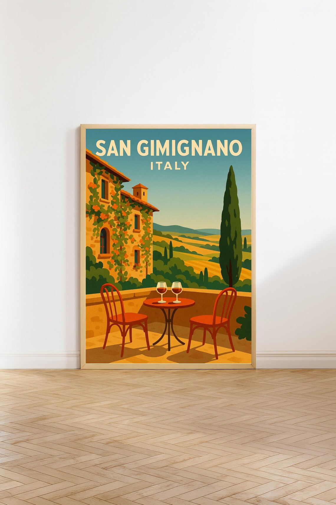 San Gimignano Italy Vintage Travel Poster Tuscan Wine Terrace