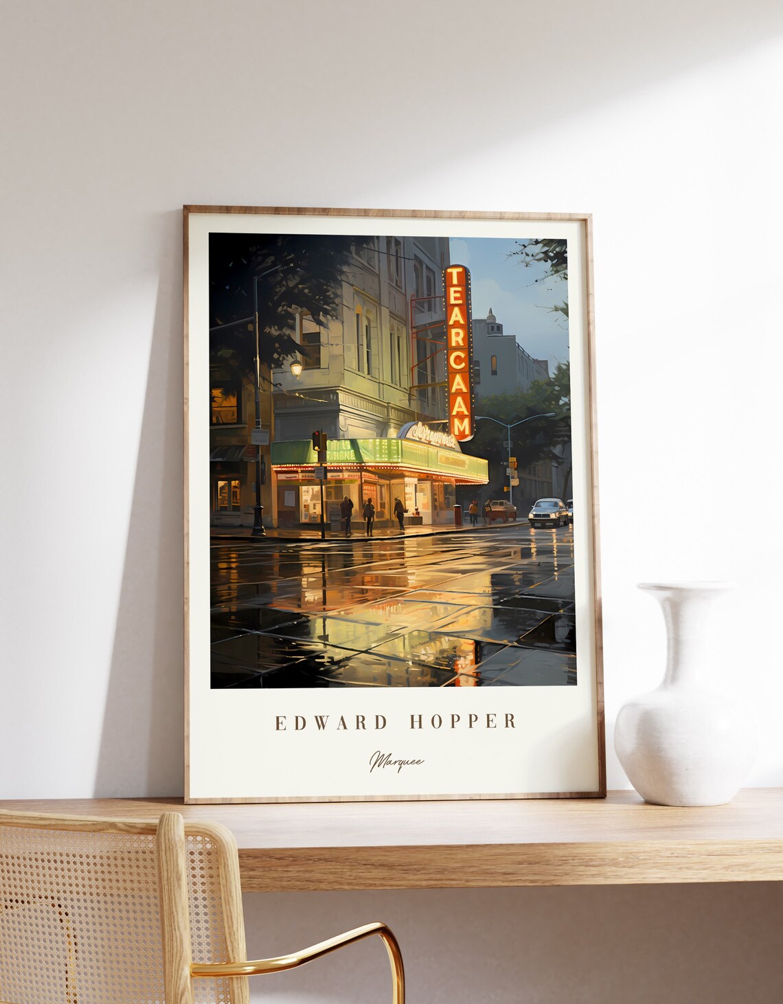 Edward Hopper Style Rainy Night Theater Marquee City Street Scene Art Poster