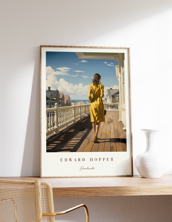 Edward Hopper Boardwalk Woman Yellow Coat Seaside Painting Poster