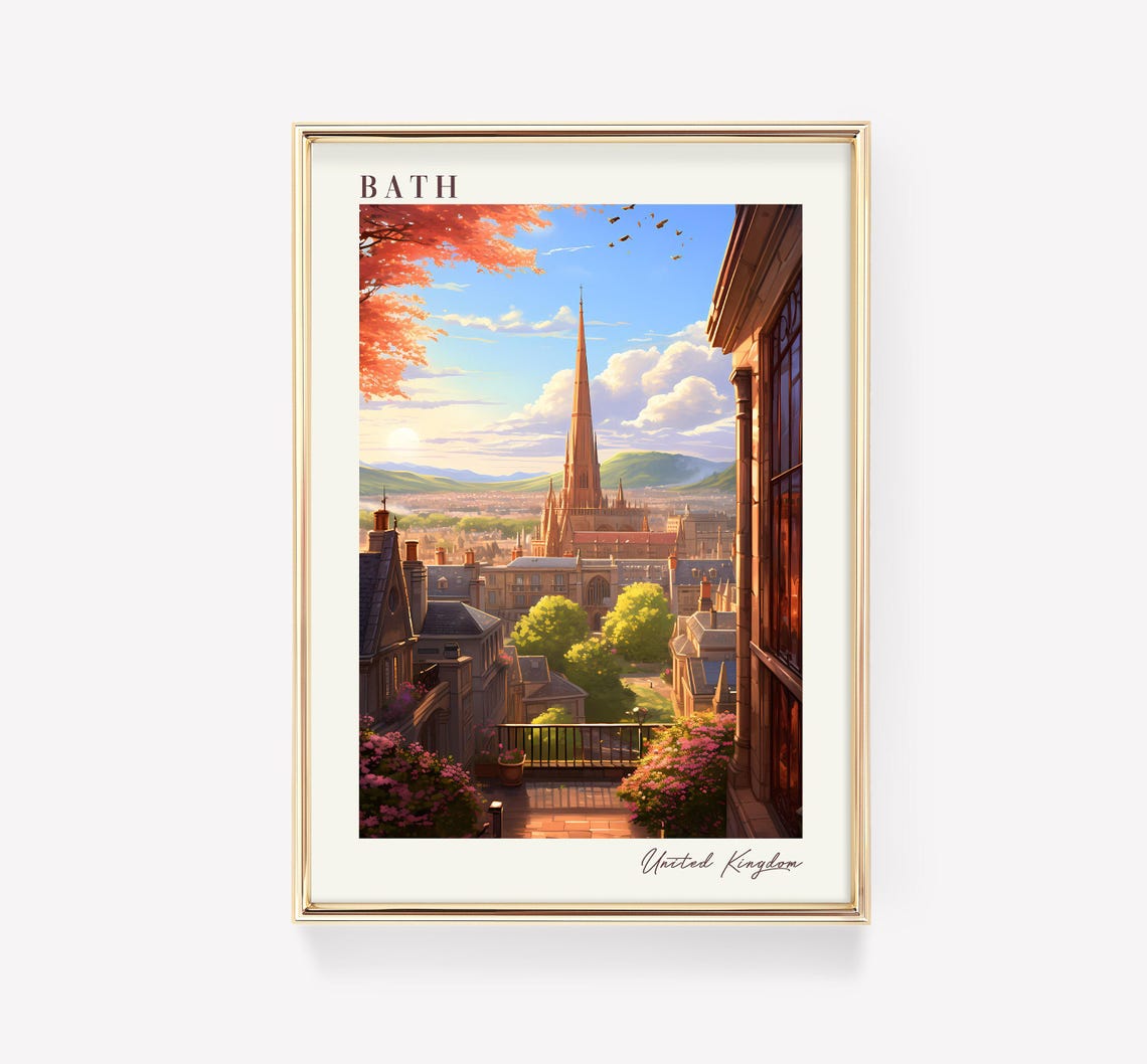 Historic Bath England Autumn Spire Cityscape Vintage Travel Poster