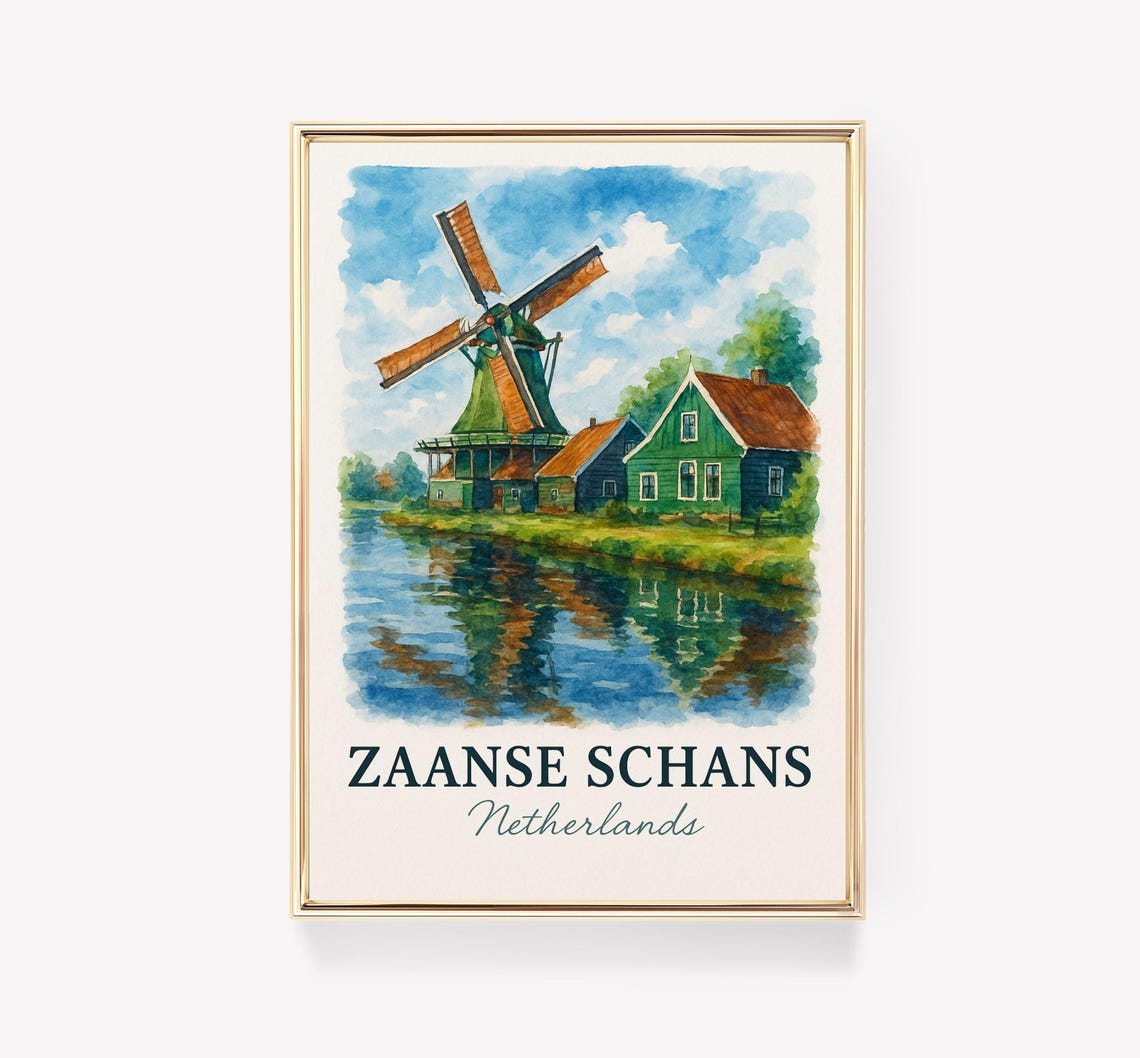 Zaanse Schans Netherlands Watercolor Windmill Canal Travel Poster