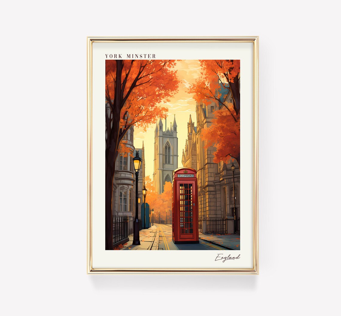 York Minster Autumn Street Red Phone Box England Travel Poster