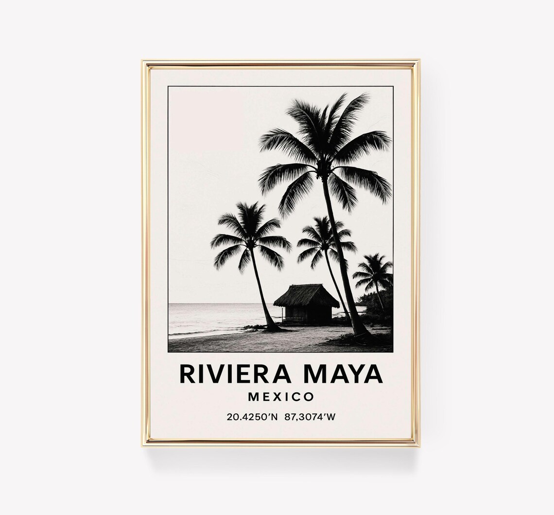 Riviera Maya Mexico Black And White Palm Beach Travel Poster