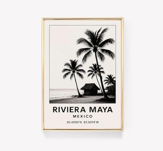 Riviera Maya Mexico Black And White Palm Beach Travel Poster