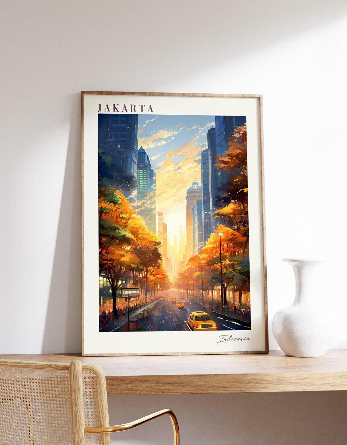 Jakarta Indonesia Golden Avenue Skyline Sunset Travel Poster